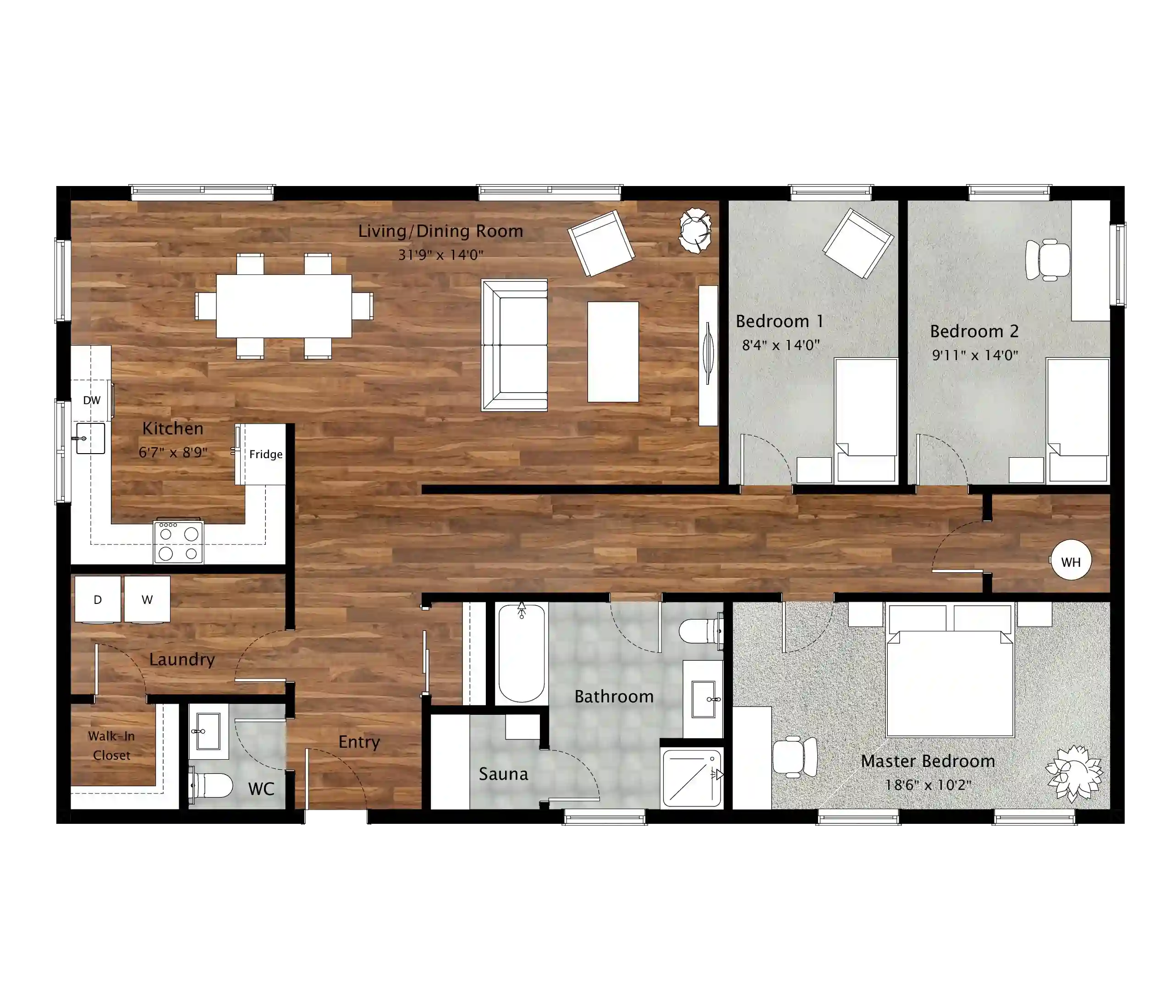 Example 2D floor plan with furniture and textures